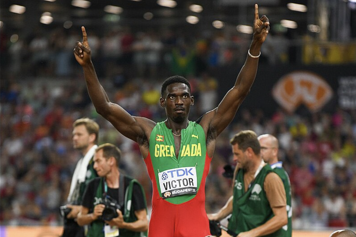 Lindon Victor is pictured at the 2023 World Athletics Championships during the moment he qualifies for the 2024 Paris Olympics, Aug. 26, 2023. (Photo courtesy of Lindon Victor)